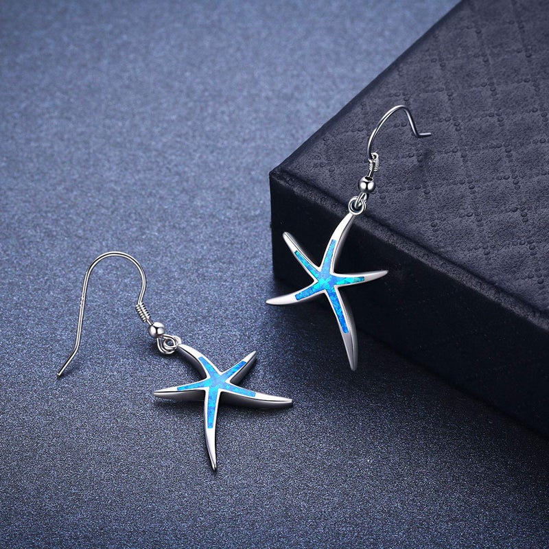 Cuoka Starfish Earrings, 925 Sterling Silver with Blue Opal Fish Hoops Earings, Nautical Hawaiian Sea Beach Earrings, Starfish Jewelry for Women Starfish Lovers - Image 2